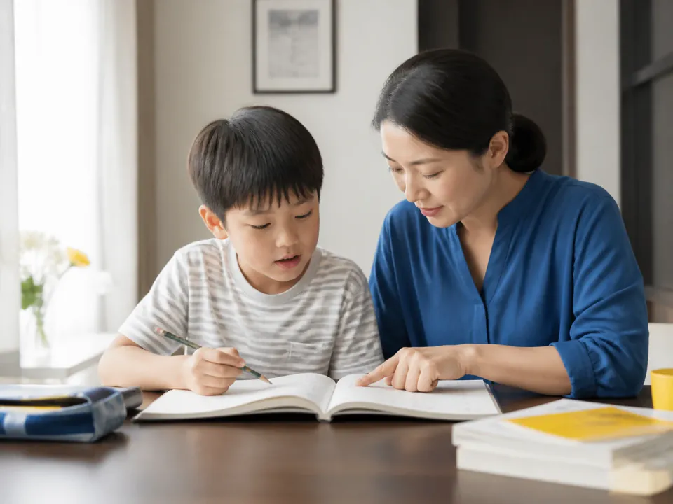 家长在书桌旁陪伴孩子查看错题与学习进度
